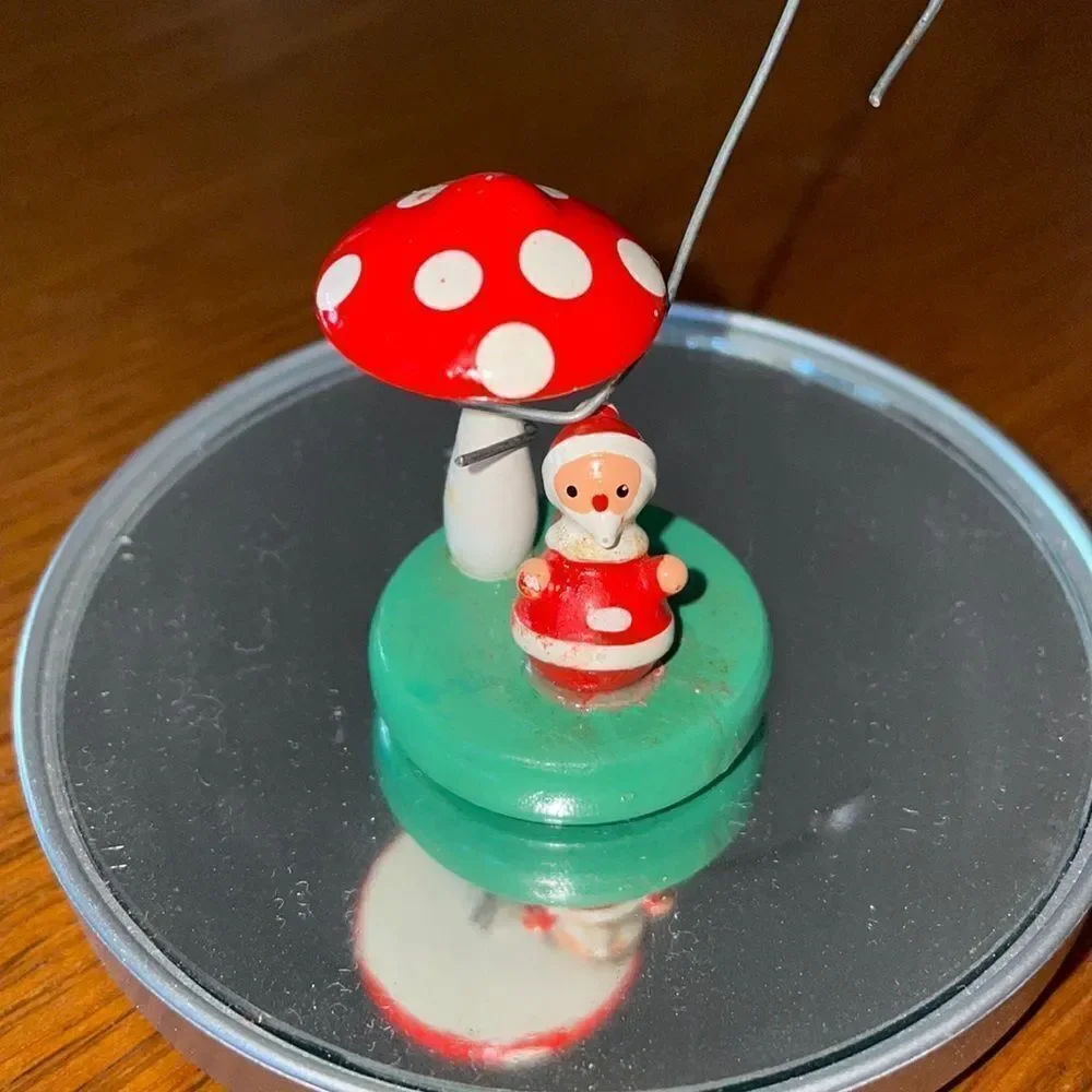 Tiny vintage Goula‎ Spain wooden Santa under a toadstool
